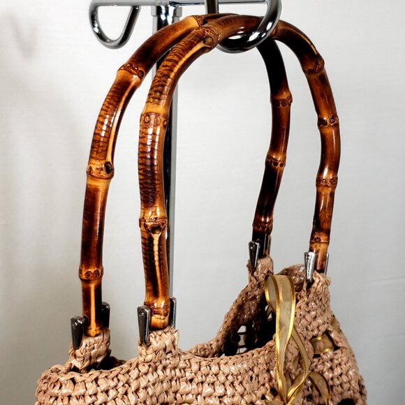 Vintage Woven Straw Rattan purse, Cottagecore Boho bow bamboo handle W/ wallet - Picture 6 of 9